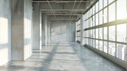 Blank white wall in concrete office with large windows Mockup 3D rendering hyper realistic 