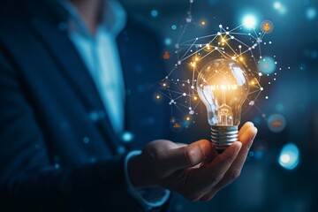 Businessman holding creative light bulb with growth graph and banking icon. Financial innovation technology develops new products and services that enhance success and profit , AI generated