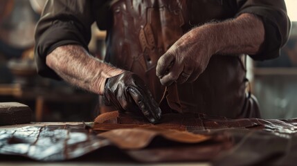 Close up of cobbler working with leather textile at his workshop hyper realistic 