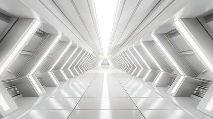 Empty Long Light Corridor. Modern white background. Futuristic Sci-Fi Triangle Tunnel. 3D Rendering hyper realistic 