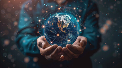 Businessman hand holding global network, futuristic technology background, Global business, internet network connection, IoT Internet of Things, business intelligence concept