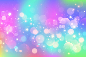 Obraz premium Rainbow gradient sky background. Unicorn space with glitter and stars. Holographic mermaid magic texture with bokeh. Vector wallpaper