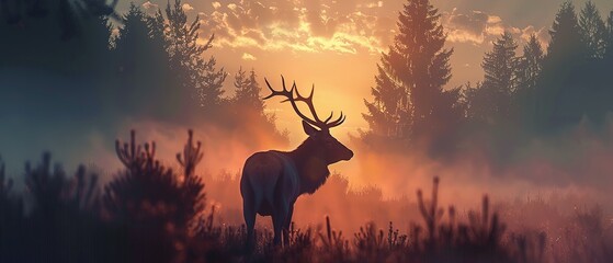 Discover the Serene Majesty of a Misty Forest at Sunrise, Where a Noble Stag Graces the Landscape, His Presence Radiating an Aura of Peace and Wilderness