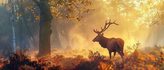Discover the Serene Majesty of a Misty Forest at Sunrise, Where a Noble Stag Graces the Landscape, His Presence Radiating an Aura of Peace and Wilderness