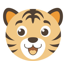 A cartoon tiger with a big smile on its face. The tiger is looking at the camera and he is happy