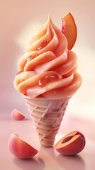 close-ups highlighting the juicy goodness of a peach melba ice cream, layered with ripe peaches and swirls of raspberry sauce, a summer classic..
