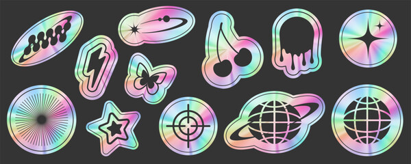 Y2K stickers with hologram gradient. Retro foil labels set with rainbow silver texture. 2000s metal vector realistic stamps. Iridescent elements collection. Neon trendy symbols.