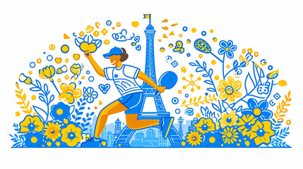 A woman is playing tennis in a city with a large Eiffel tower in the background