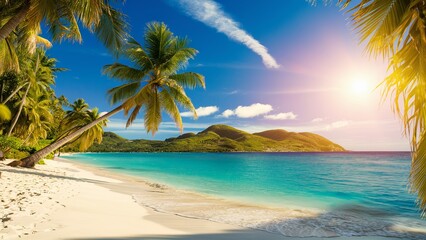 Summer Beach background, A stunning beach photo set during a hot summer day. The sun casts a warm golden glow, and palm leaves sway gently in the breeze