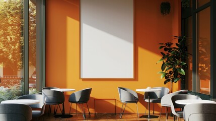 Modern cafe interior with tables, chairs and a large blank poster on an orange wall, under natural...