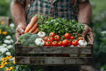  A farmer holding an old wooden crate filled with fresh vegetables, including tomatoes, carrots, green beans and garlic. Created with Ai