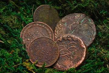 Old coins on the green moss background. Top view.