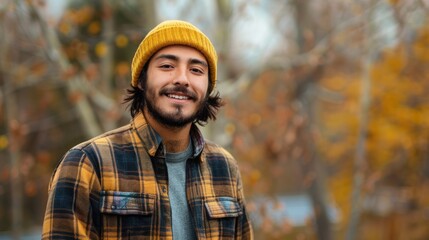 A young Hispanic male with a thick beard and shoulder-length hair wears a yellow beanie and plaid flannel shirt, standing outdoors with a blurred background hinting at solar panels.


