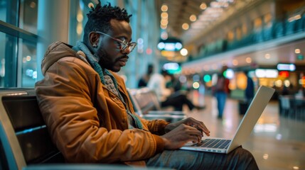 Man planning his travel itinerary on a laptop at an airport lounge