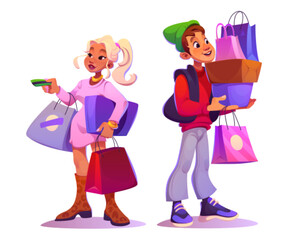 Male and female mall buyer characters with shopping bags and boxes. Cartoon vector illustration set of man and woman purchase products and gifts in shop. Market customer holding paper packages. - obrazy, fototapety, plakaty