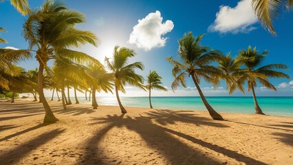 Summer Beach background, A stunning beach photo set during a hot summer day. The sun casts a warm golden glow, and palm leaves sway gently in the breeze