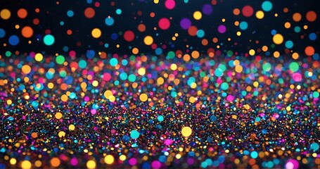 fantastic festive abstract background of glitter magic multicolor particles fly or float in viscous liquid and glow, amazing shining bokeh.