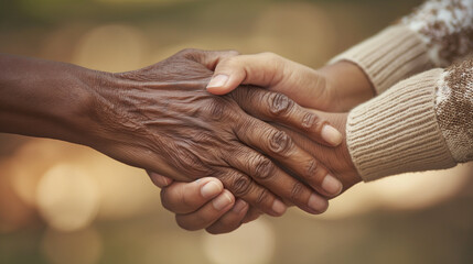 Gentle touch, Mother's Day care. Elderly & caregiver hands clasp.