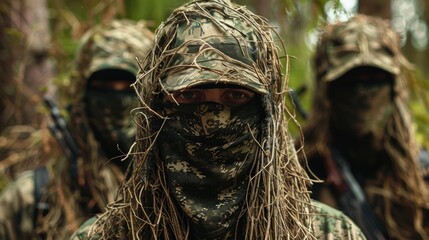 Obraz premium Precision Unity and Readiness Camouflaged Military Unit Maintaining Control in High Stakes Environment