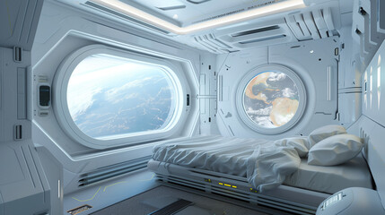 Futuristic living room in orbital space station with view of earth from window - obrazy, fototapety, plakaty