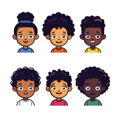 Six diverse cartoon children faces smiling, African ethnicity, cute expressions, colorful shirts. Happy kids illustrations, cheerful African children, cute adolescent avatars