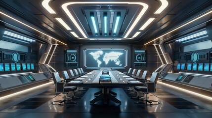 inferior of Command and control center with futuristic technology holographic screens