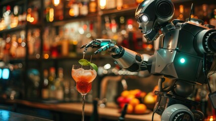 The picture of the robot that working as the bartender at the bar also serving the beverage or cocktails, the bartender require skill ingredient knowledge, menu development and flavor pairing. AIG43.