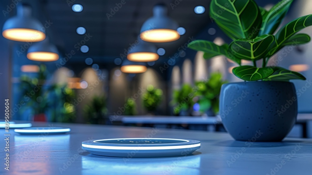 Poster office environment with motion-sensor lights to save energy