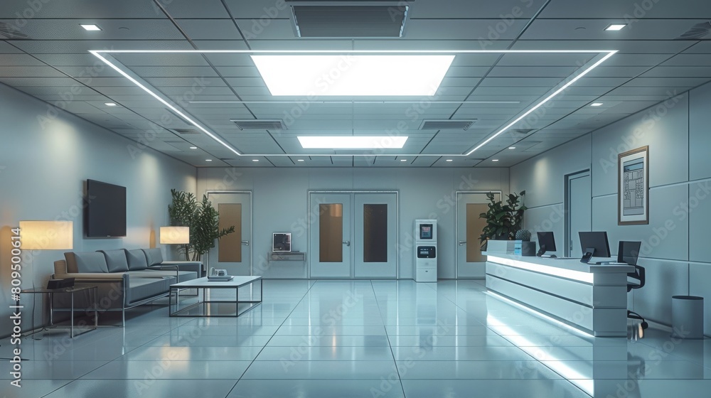 Poster office environment with motion-sensor lights to save energy