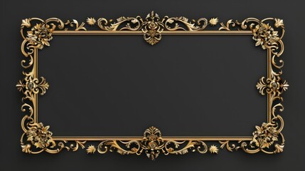 Rectangle vintage gold frame for web presentation, horizontal border in oriental style ,png with transparent background. hyper realistic 