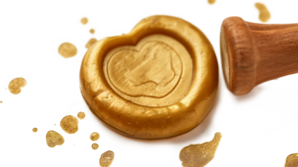 Golden wax seal with heart shape isolated on a transparent background