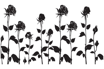 Rose silhouettes vector illustration. Black buds and stems of roses stencils isolated on white background