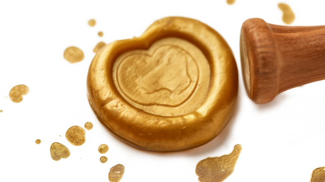Golden wax seal with heart shape isolated on a transparent background