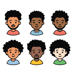 Six diverse cartoon faces, African personalities various expressions. Smiling, surprised, happy, curious, African American characters, colorful shirts. Kids adult male faces, curly hair