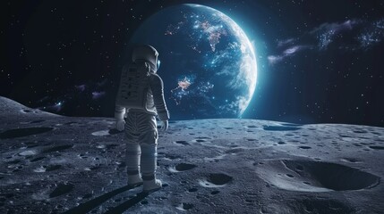 Space conquest and back to the moon race concept image with an astronaut walking on the moon and view of the earth in background hyper realistic 