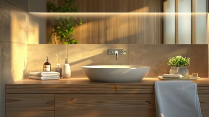 Fototapeta na wymiar Stylish hotel bathroom interior with sink and accessories on vanity hyper realistic 