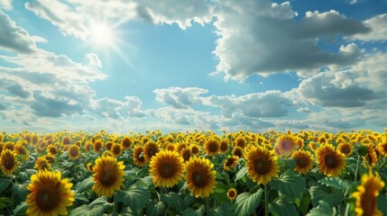 Fototapeta premium Sunflower field with cloudy blue sky hyper realistic 