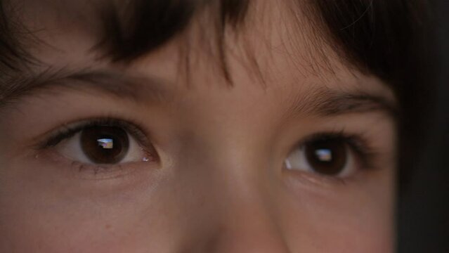 Boy in Dark is Watching TV Playing Video Game. Video Game Entertainment Emotions. Portrait Little Kid While Watching TV. Close-up Face of Child Eyes While Person Using Tablet, Smartphone or Computer.