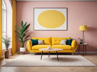 Soft Serenity, Pastel Pink Living Room Accentuated by a Yellow Sofa