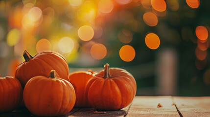 Autumn background with pumpkins on wooden floor, Thanksgiving background theme
