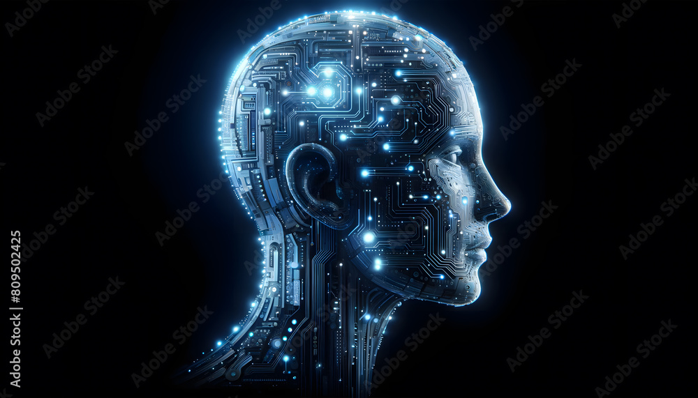 Poster a human head profile made entirely of electronic circuits and glowing components in a cool blue colo