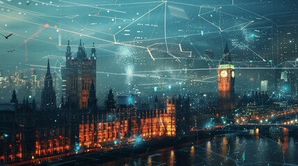 Wireless communication network and smart city, abstract image visual, Internet of Things hyper realistic 