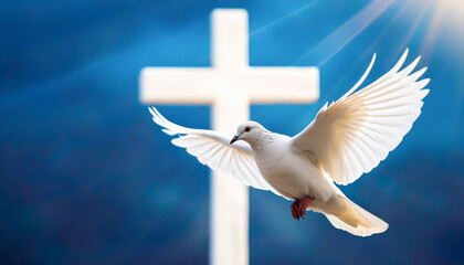 Flying white pigeon in front of a crucifix. Pentecost concept. © Black Brush