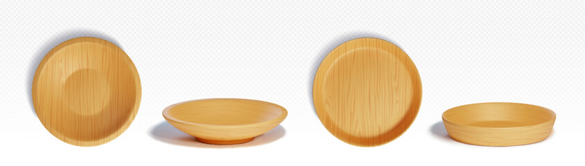 Wooden kitchen cutlery realistic 3d vector illustration set. Empty eco tableware with brown wood texture - side and top view on bowl plate and tray. Ecological bamboo dishware of circular shape.
