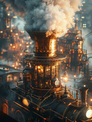 Steam engine, top hat, revolutionary invention, a bustling factory, smog, realistic, golden hour,...