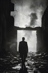 Fototapeta premium Lone Businessman Walking Amidst the Ruins of a Failed Enterprise in Moody Black-and-White Cinematic Style