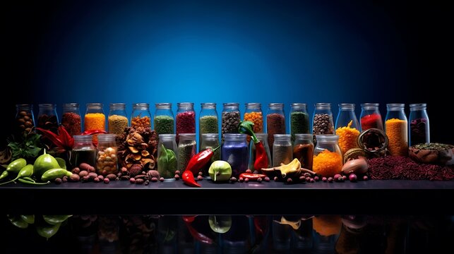 A Display of Exotic Spices Arranged on a Traditional Wooden Spice Rack