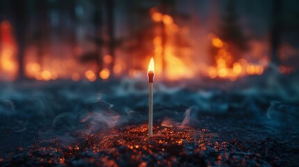 A single match burning in a burnt forest - Powered by Adobe