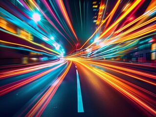Create an abstract painting using bright neon colors that shows the feeling of moving at high speed through a city at night