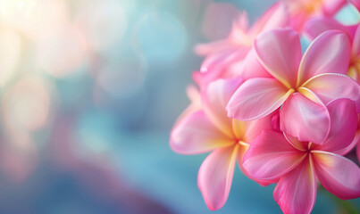Fototapeta premium pink frangipani plumeria tropical flower on bokeh background with copy space